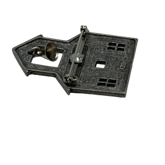 Vintage JJ School Brooch Pewter Tone Moveable Bell Old Schoolhouse Pin - Picture 8 of 8